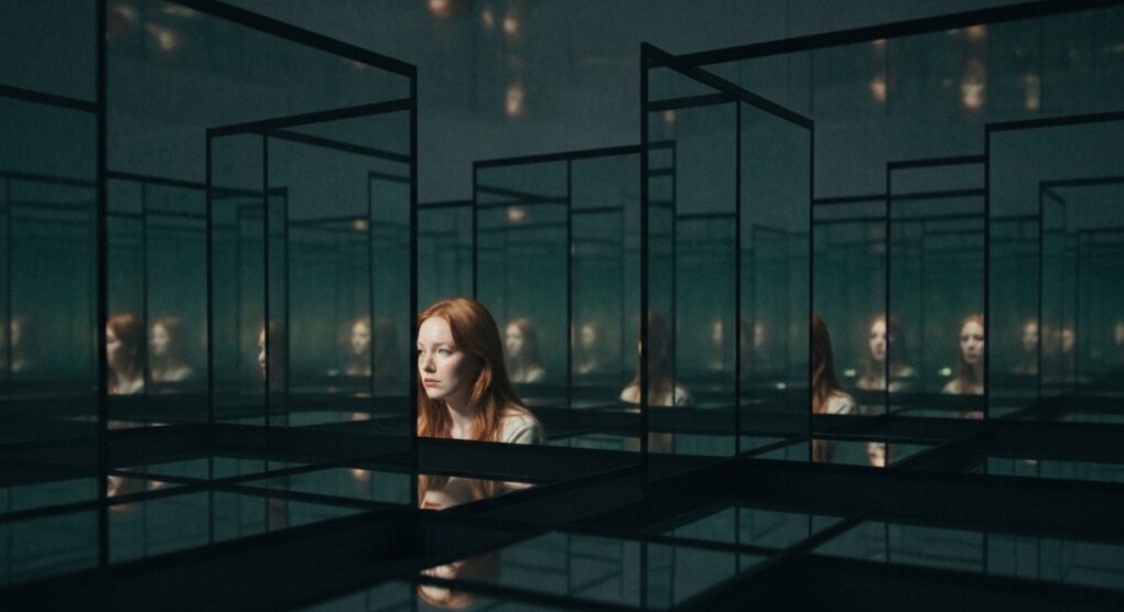 Ilustração de um labirinto de espelhos com uma figura solitária no centro, evocando mistério e terror psicológico.