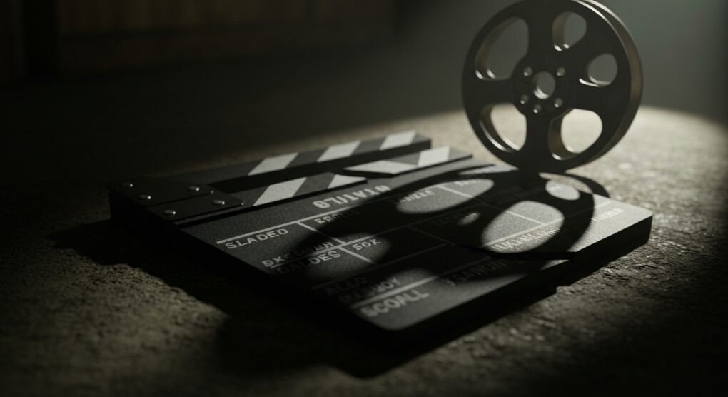 Rolo de filme misterioso lançando sombra sobre claquete quebrada, simbolizando finais chocantes de filmes