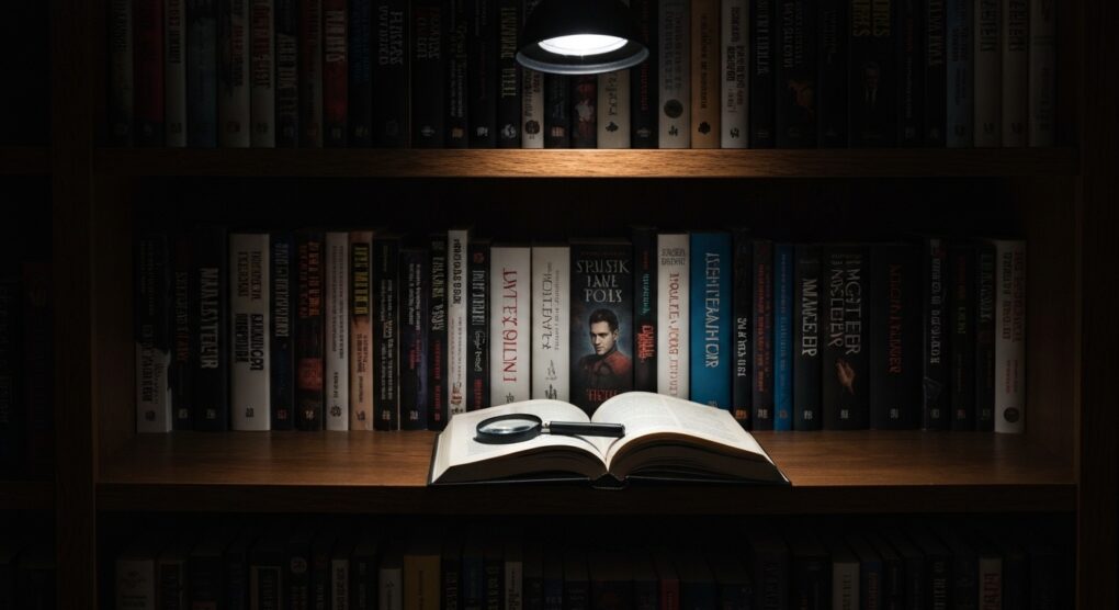 Estante de livros de suspense com foco em mistério e reviravoltas