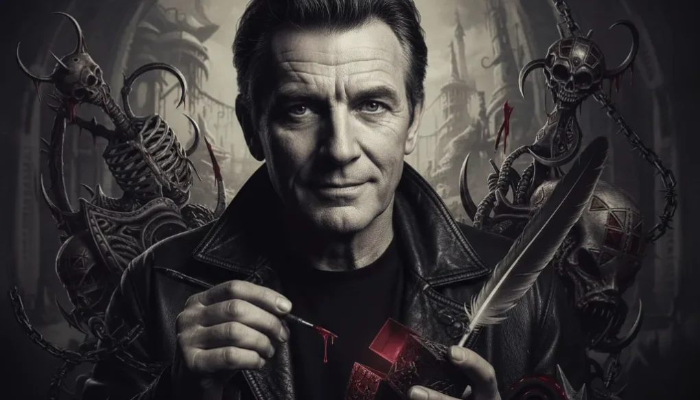 Um grupo de autores de terror discute em uma livraria escura.