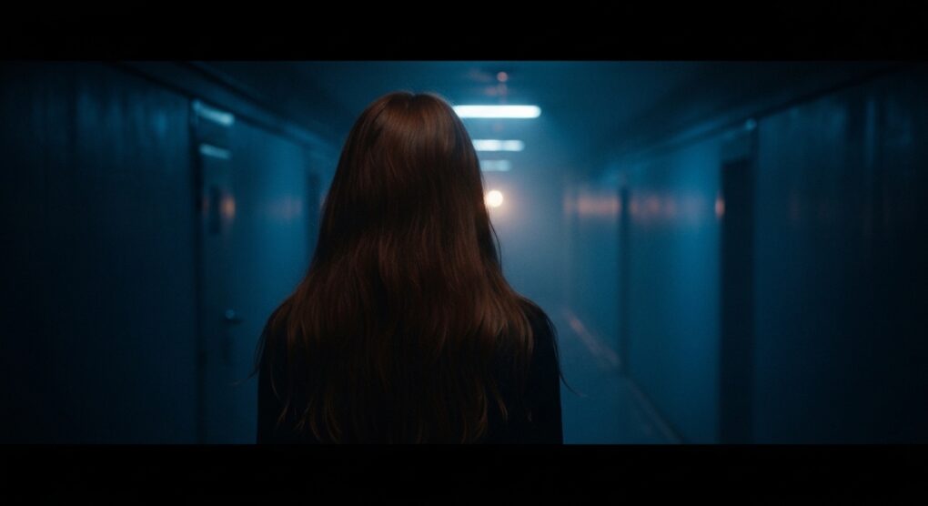 Figura solitária em um corredor escuro e ameaçador, sugerindo suspense.