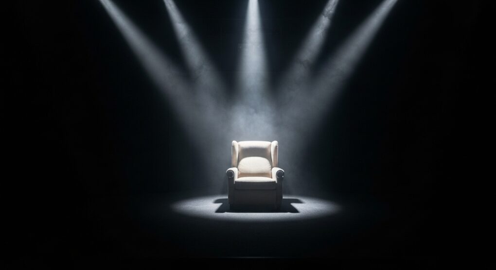 Sala de cinema com poltrona iluminada, sugerindo suspense e mistério.