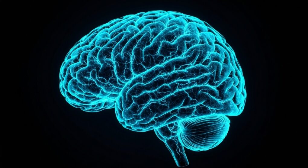 Ilustração de um cérebro humano com conexões neurais brilhantes, representando a atividade cerebral durante o medo.