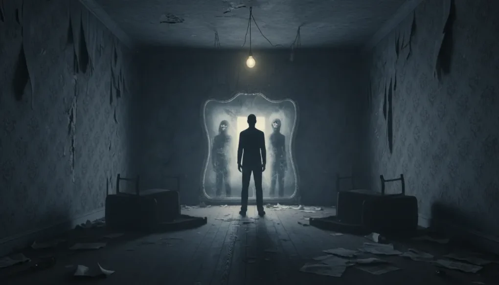 Montagem sombria de elementos que representam subgêneros do terror, como lobisomem e fantasma.