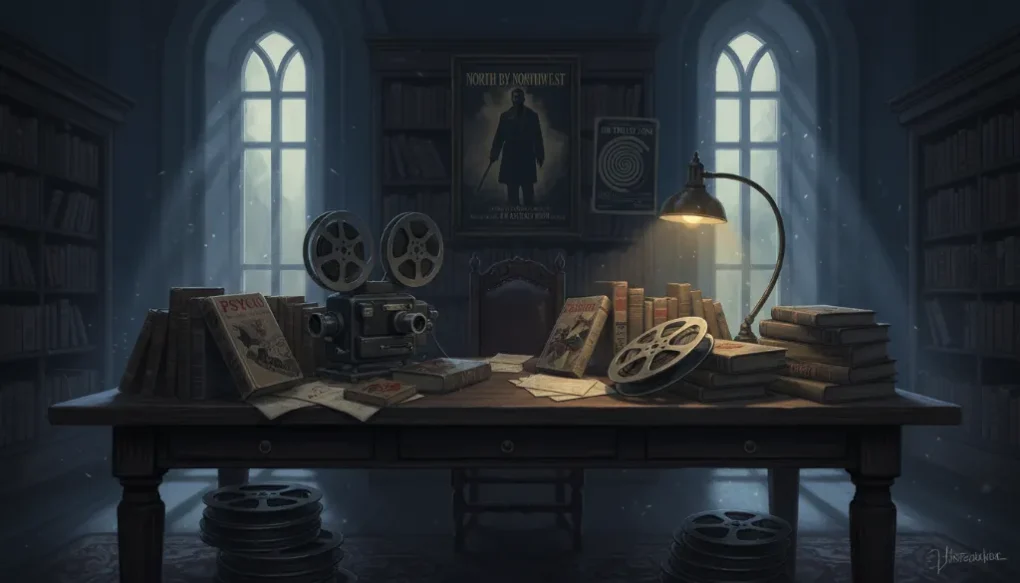 Ilustração sombria com elementos de diferentes subgêneros do suspense em destaque.